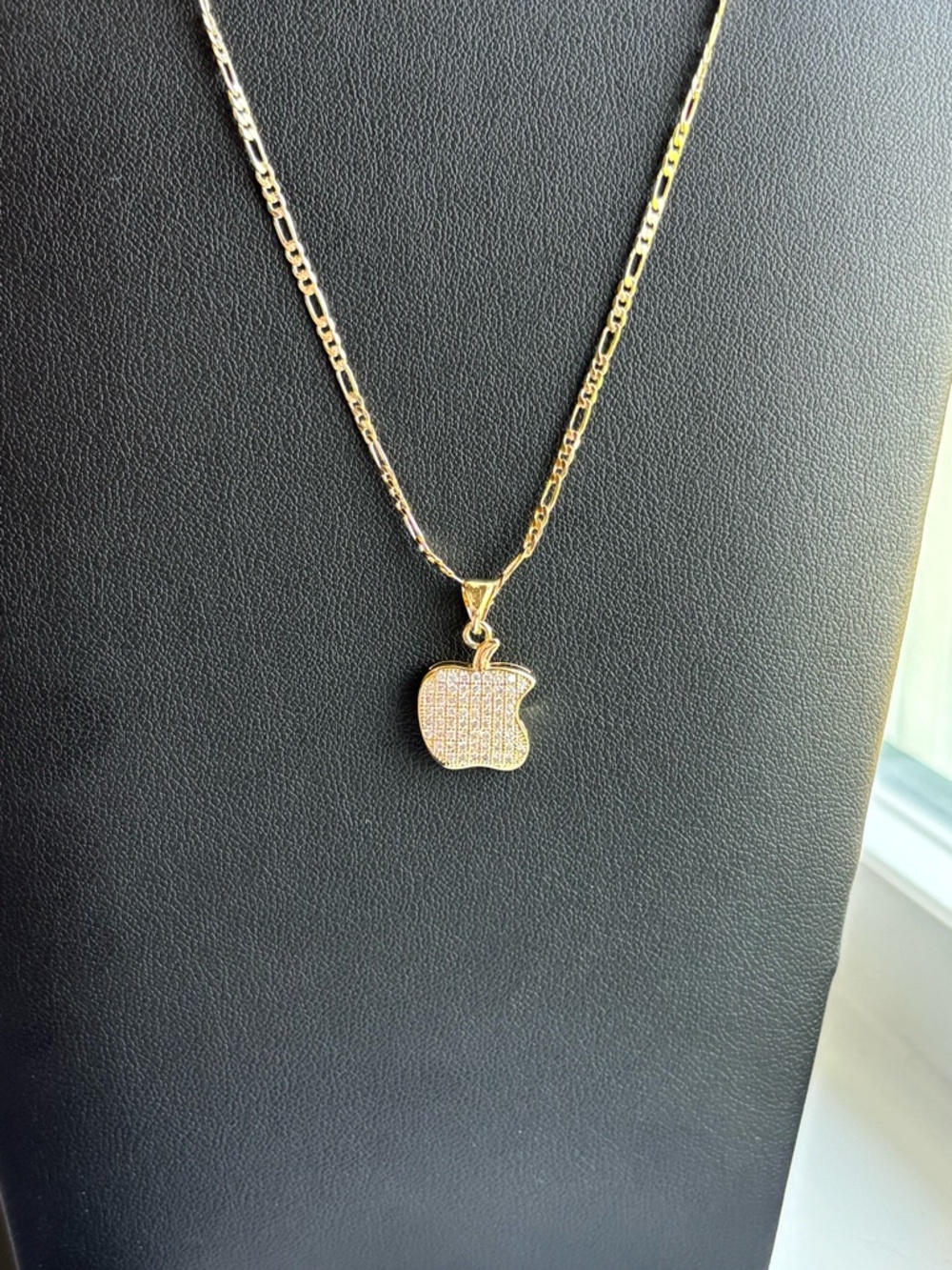 Gold Plated Apple Pendant Necklace Pave Crystal Charm Figaro Chain Dainty Trendy - Picture 6 of 9